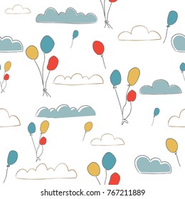 Seamless Pattern with clouds and flying balloons in the sky. Hand Drawn delicate design. Vector Illustration