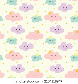 Seamless pattern Clouds with funny faces for children, cute vector illustration, girl and boy