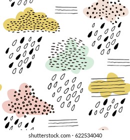 Seamless pattern with clouds and hand drawn shapes. Creative vector childish background for fabric, textile