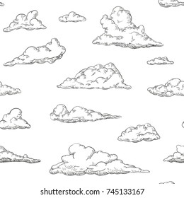 Seamless pattern clouds in hand drawn vintage retro style isolated on white background. Cartoon design elements. Vector illustration.