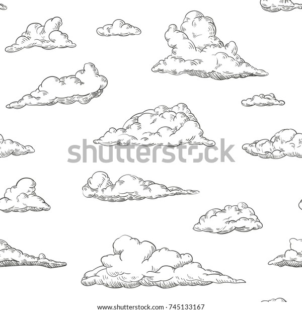 白い背景にシームレスなパターン雲を手描きのビンテージレトロスタイル カートーンのデザインエレメント ベクターイラスト のベクター画像素材 ロイヤリティフリー