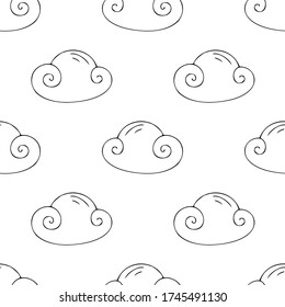 Patrón sin foco con nubes. Dibujo hecho a mano. Imagen de contorno con un revestimiento negro sobre un fondo blanco. Ilustración vectorial. Imprimir para cubiertas para portátiles, papel envolvente, tela.