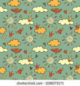 Seamless pattern with clouds and hearts. Baby and kids background, Cute.