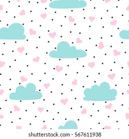 Seamless pattern with clouds and hearts. Children's pattern.Vector Illustration.