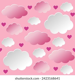 Seamless pattern with clouds and hearts on a delicate pink background. Background, cover, wrapper for Valentine's Day, Birthday, baby birth and more. 