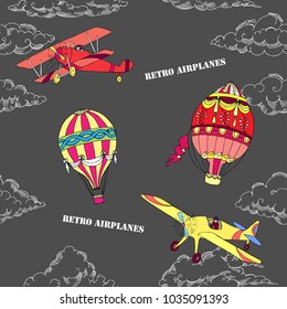 Seamless pattern with clouds, hot air balloons and airplanes. Hand drawn sky vector illustration