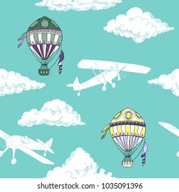 Seamless pattern with clouds, hot air balloons and airplanes. Hand drawn sky vector illustration