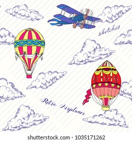 Seamless pattern with clouds, hot air balloons and airplanes. Hand drawn sky vector illustration