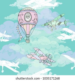Seamless pattern with clouds, hot air balloons and airplanes. Hand drawn sky vector illustration