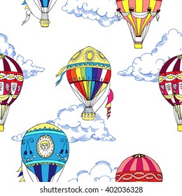 Seamless pattern with clouds and hot air balloons. Hand drawn sketches. Vector Illustration