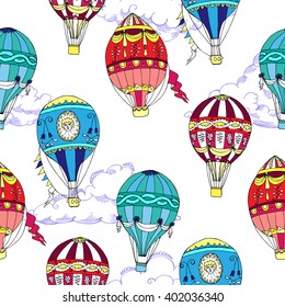 Seamless pattern with clouds and hot air balloons. Hand drawn sketches. Vector Illustration