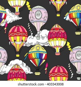 Seamless pattern with clouds and hot air balloons. Hand drawn sketches. Vector Illustration
