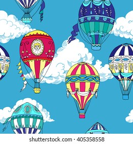 Seamless pattern with clouds and hot air balloons. Hand drawn sketches. Vector Illustration