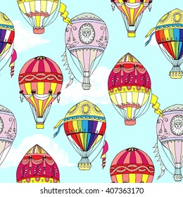 Seamless pattern with clouds and hot air balloons. Hand drawn sketches. Vector Illustration