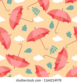 Seamless pattern with clouds, leaves and umbrellas . Wallpaper for children room. Weather  background