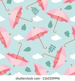 Seamless pattern with clouds, leaves and umbrellas . Wallpaper for children room. Weather  background