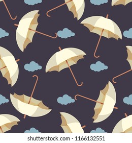 Seamless pattern with clouds, leaves and umbrellas . Wallpaper for children room. Weather  background