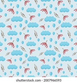 Seamless pattern with clouds, leaves and viburnum. An excellent solution for wallpaper, gift paper, textiles, prints, autumn greeting cards. Vector illustration of EPS 10.