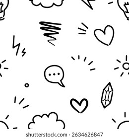 Seamless pattern with clouds, lightning bolts, chat bubbles and speech lines in minimal black doodle style


