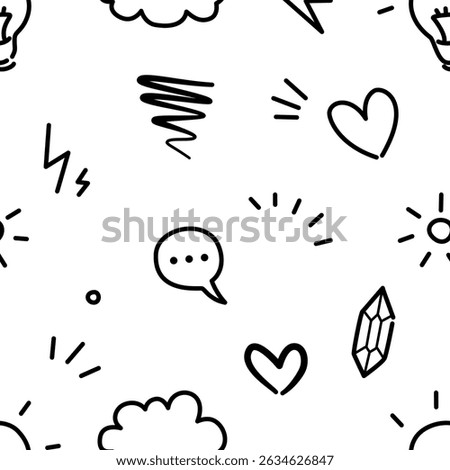 Seamless pattern with clouds, lightning bolts, chat bubbles and speech lines in minimal black doodle style


