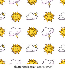 Seamless pattern with clouds, lightning, sun. Cute weather elements. Print for textile, fabric, posters, decor, paper, wallpaper. Vector design for kids, children, babies.