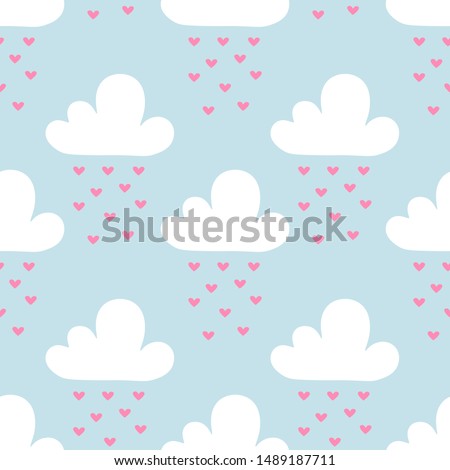 Seamless pattern from clouds of love. Pink hearts fall out of the cloud. Cute baby pattern for wallpaper, bedding, packaging. Vector illustration.
