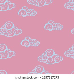 Seamless pattern with clouds made of spirals. Geometric linear repeating texture.