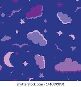 seamless pattern clouds, month, stars, birds, night, blue colors