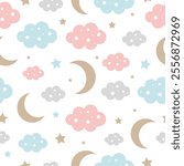 Seamless pattern with clouds, moon and stars on a white background