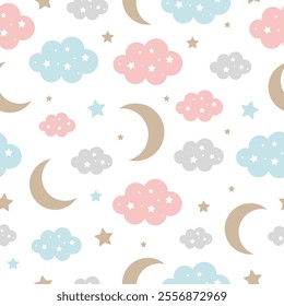 Seamless pattern with clouds, moon and stars on a white background