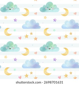 Patrón sin fisuras con nubes, luna y estrellas. Patrón de bebé de acuarela suave en colores pastel
