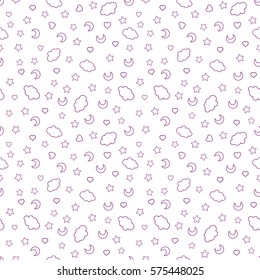 Seamless Pattern With Clouds, Moon, Stars, And In The Doodle Kawaii Style In Pink And Purple Colors. Stock Vector.

