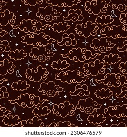 Seamless pattern with clouds, moons and stars on a dark background. Vector graphics.