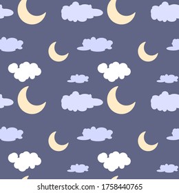 Seamless pattern with clouds and moon.Vector texture for textile, wrapping, wallpapers and other surfaces.