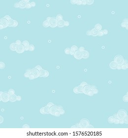 Seamless pattern with clouds on blue sky background. White outline on on blue background. Vector illustration in sketch style. Hand-drawn. Doodle.