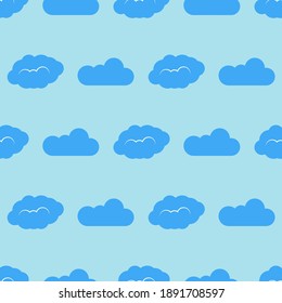 Seamless pattern with clouds on blue sky. Cute endless cloudscape. Vector illustration.