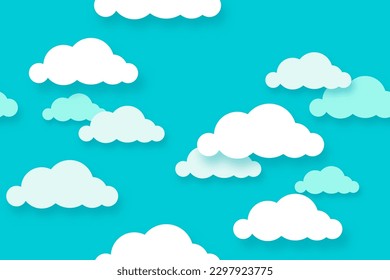 Seamless pattern with clouds on blue sky. Paper cut style vector background