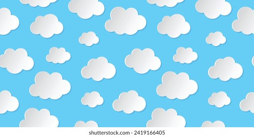 Seamless pattern Clouds in paper style on the blue background. White clouds pattern, blue background. Vector, flat illustration design for use fabric, wrapping paper, background and others.