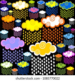 Seamless pattern with clouds and rain. Colorful rain. Vector Illustration