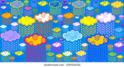 Seamless pattern with clouds and rain. Colorful rain. Simple cute style. Weather backdrop. Autumn template.  Background for poster, cover booklet, banner, surface design. Vector Illustration