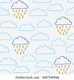 The seamless pattern with clouds and rain drops. Hand drawn repeat background for baby and kids designs. Can be used for paper, branding, packaging, fabric, decor, posters, cards, nursery art, etc.