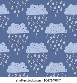 The seamless pattern with clouds and rain drops. Hand drawn repeat background for baby and kids designs. Can be used for paper, branding, packaging, fabric, decor, posters, cards, nursery art, etc.