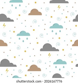Seamless pattern with clouds, rain drops, lights, drops and stars. Autumn weather