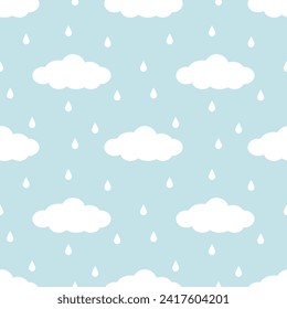 seamless pattern with clouds and rain drops on blue background 