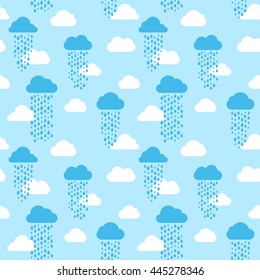 Seamless pattern of clouds and rain drops. Cute vector background. 