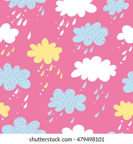 Seamless pattern with clouds and rain drops on a pink background.