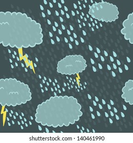 Seamless pattern with clouds, rain and lightning. Storm illustration. Weather background.