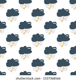 seamless pattern with clouds, rain and lightning. Rain clouds dark gray without stroke on white background. lightning is yellow with an orange shade. Lightning strikes from the middle of the cloud