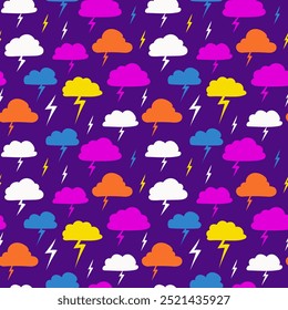 Seamless pattern clouds, rain. lightning. Vector illustration for fabric design, packaging, stationery.
