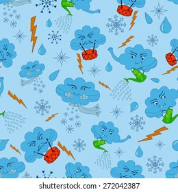 Seamless pattern with clouds, rain, snow, thunder and lightning.